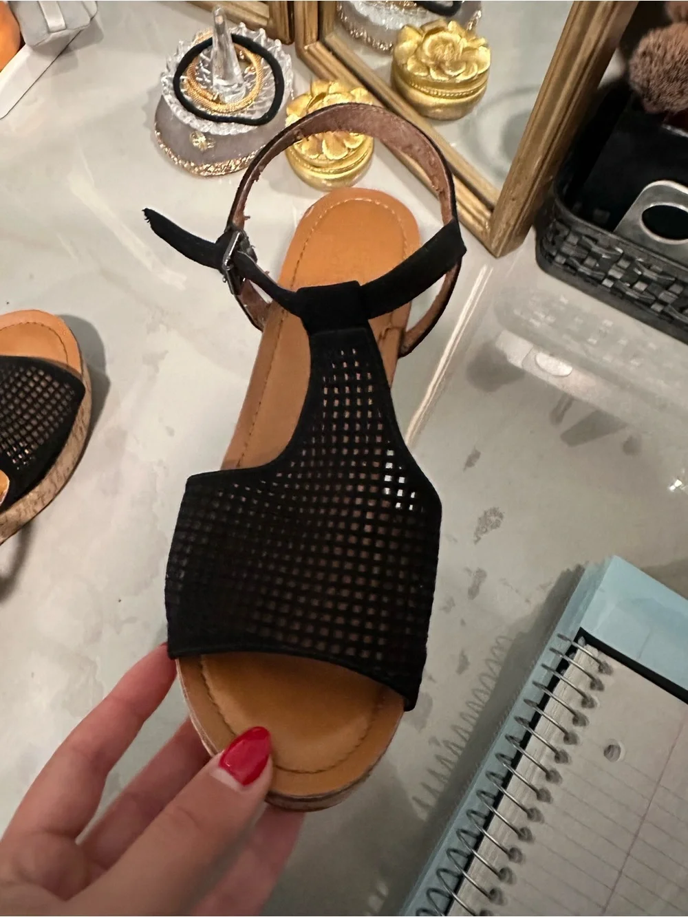 Gently worn Franco Sarto Black Perforated Wedge Sandals with Cork Platform